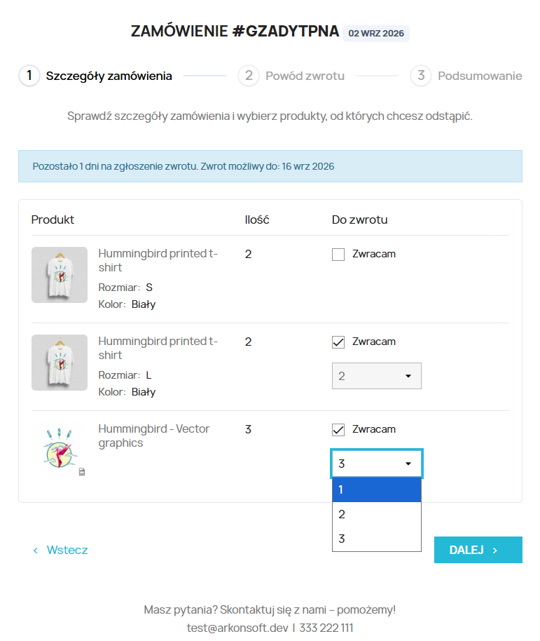 Wybór produktów i ilości do zwrotu